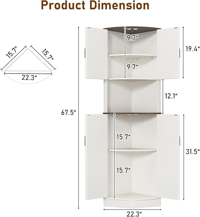 68" Tall Farmhouse Corner Cabinet, Dining Room Storage Cabinet with 4 Barn Doors and 5 Level Storage with Adjustable Shelves, for Kitchen, Living Room, Laundry Room, Rustic White