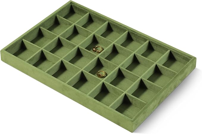Velvet Stackable Jewelry Display Tray, 24 Grid Earring Ring Storage Tray, Drawer Divider Jewelry Accessories Organizer Plate (Olive Green)