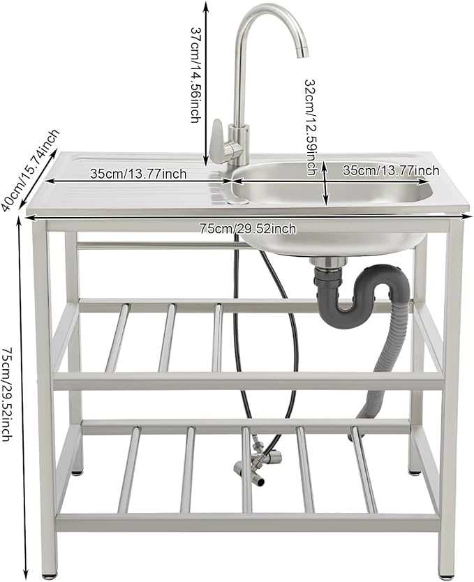 30" Stainless Steel Sink Kitchen Utility Sink with 360° Hot/Cold Faucet Freestanding Workbench 2 Layer Shelf Set for Modern Farmhouse Restaurant Hotel Garage and Laundry Room Outdoor Use