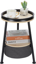 Small Round End Table, 2 Tier Side Table with Storage Basket, 11.8'D*17.8'H, Sofa Side Table, Small Round Nightstand