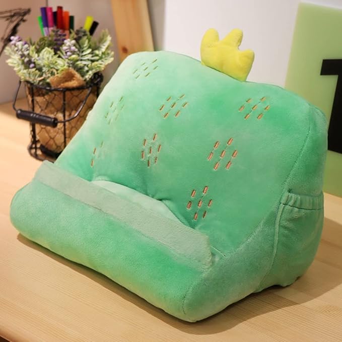 Dpofirs Pillow Tablet Stand, Soft Plush Tablet Holder with Storage Pockets for Kids, Compatible with pads Tablet Phone, Sturdy Fluffy Cushion for Home Travel School Birthday Christmas (green)