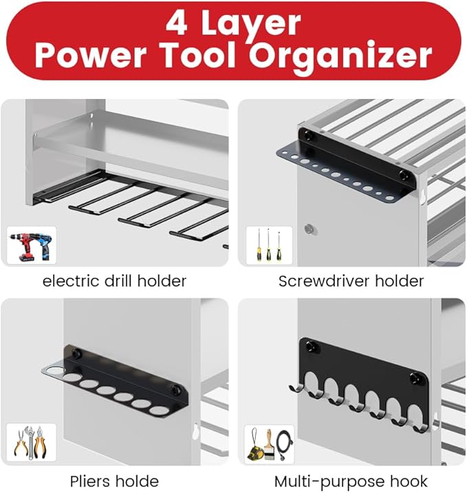 4 Layers Power Tool Organizer Wall Mount with Power Strip, Heavy Duty Metal Tool Shelf, 400lbs Capacity for Cordless Drills, Batteries & Garage Storage (8 Slots with 8 Outlets Power Strip)