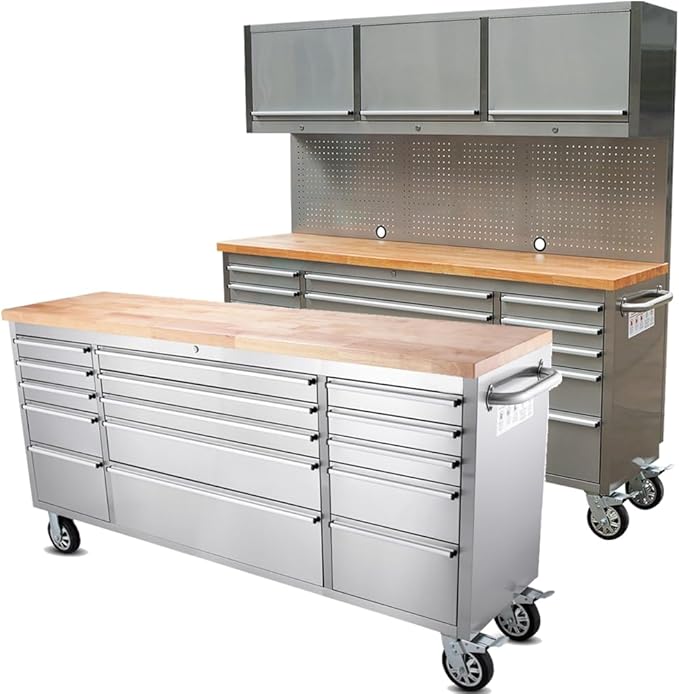 2 Pack - 72" Stainless Steel Rolling Tool Chest with 15 Drawers + 3 Upper Cabinets, Lockable Storage Cabinet, Large Mobile Workbench, Tool Box with Wheels for Garage (1 × HTC7218W1 + 1 × HTC7215W1)