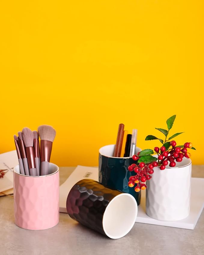 WHJY Ceramic White Pencil Cup, Makeup brushes Holder, Gold Pen Holder for Desk Cute Small Boho Brush Holder, Modern Geometry Design Pen Holder