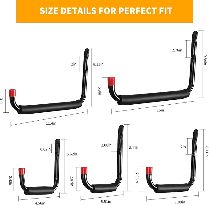 6 Pack Garage Hooks Heavy Duty, Utility Steel Hooks with EVA Foam Padding, 7.08inch Wall Mount J Organizer Hanger for Hanging Bikes Kayak Garden Tool Hose Bike Shelf