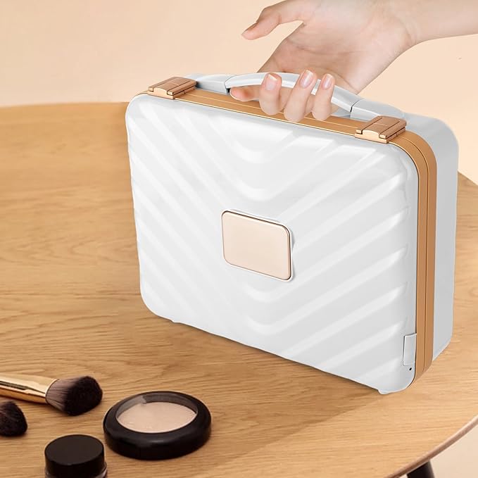 Portable Makeup Box, 11.42 * 3.54 * 8.66 In Travel Makeup Train Cases Cosmetic Organizer Portable Make Up Storage Box with Led Mirror for Makeup Artists Hair Stylists Nail Technicians (White)