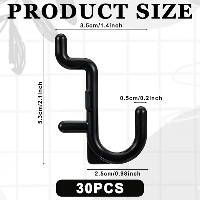 30 Pcs Black Pegboard Hooks, 1/4" Plastic Pegboard Hooks J Hooks Wall Display Assortment Peg Board Hooks for Hanging Tools Jewelry Necklaces Keys Organizer