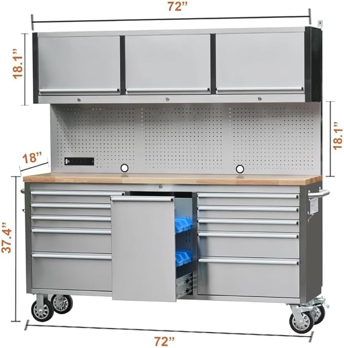 72 inch Stainless Steel Tool Chest with 11 Drawer & 3 Up Cabinet & Pegboard, Large Lockable Mobile Workbench with 6 Blue Storage Bins, Rolling Tool Cabinet for Garage, Workshop
