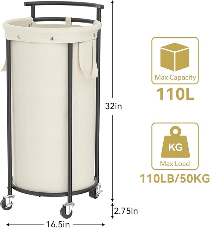 Chrislley 110L Laundry Hamper with Wheels,Rolling Laundry Basket with Removable Bag,Round Iron Laundry Cart with Steel Frame and Handle,Dirty Clothes Hamper Organizer for Dorm,Laundry Room(Beige)