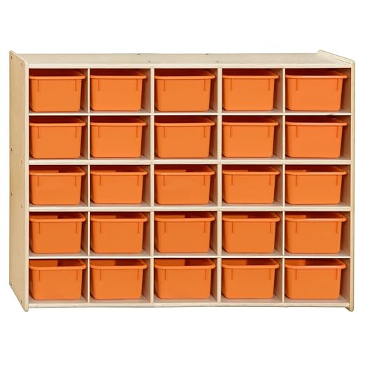 Contender 25 Cubby Storage Cabinet with Orange Trays, Kids Toys, Art and Craft Shelving Unit, Hardwood Shelf for Kindergarten, Homeschool [ Fully Assembled ]