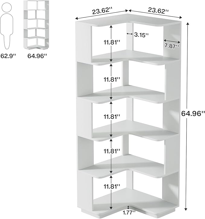 Tribesigns 6-Tier Corner Bookshelf, 64.96 Inch Tall Bookcase with Anti-Drop Panel, Modern Freestanding Corner Shelf Display Rack Storage Organizer for Home Office, Living Room, Silver Gray
