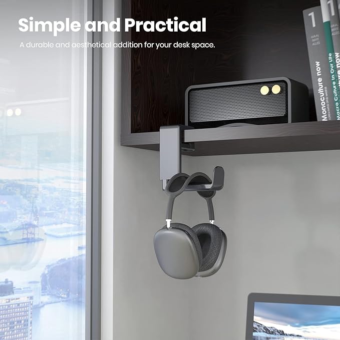 EURPMASK PC Gaming Headset Stand - Adjustable Clamp-on Headphone Holder, 360 Degree Swivel & Cable Clip Organizer - Space Grey