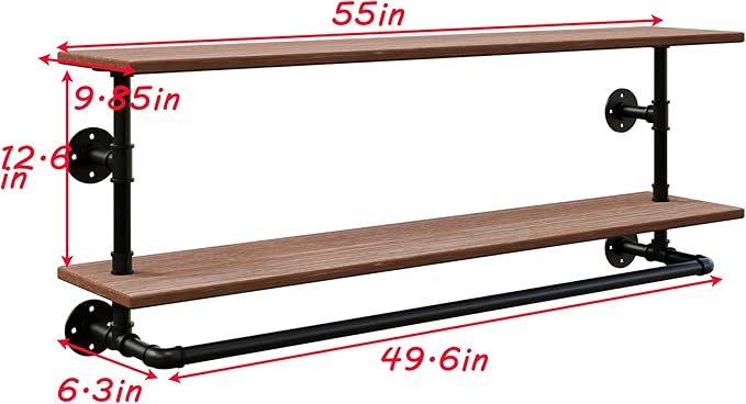 Clothes Rack 55in, 2-Tier Wall Mounted Garment Rack with Real Wood Shelf, Heavy Duty Hanging Clothes Rack, Multi-Purpose Hanging Rod, Space-Saving Closet Storage