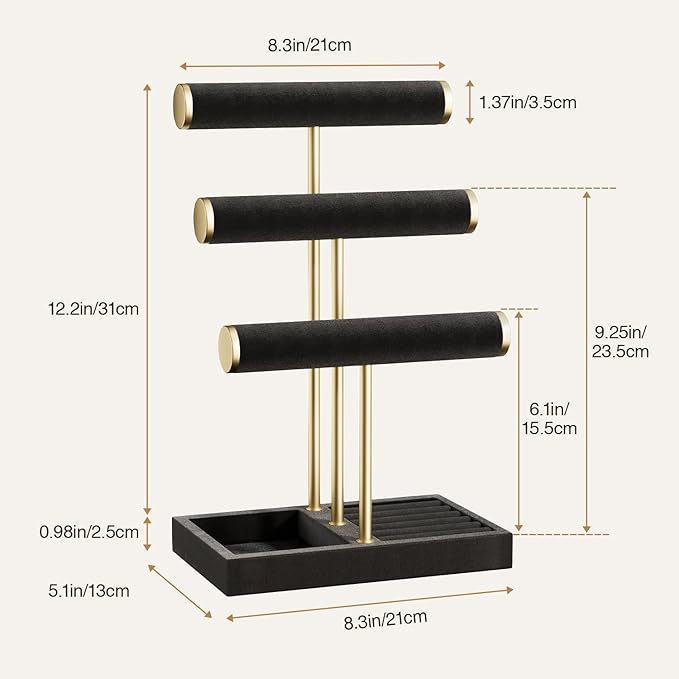 3 Tier Bracelet Holder Display - Detachable T Bar Black Velvet Bracelet Holder, Jewelry Holder Organizer for Bracelet, Necklace, Watches, Rings