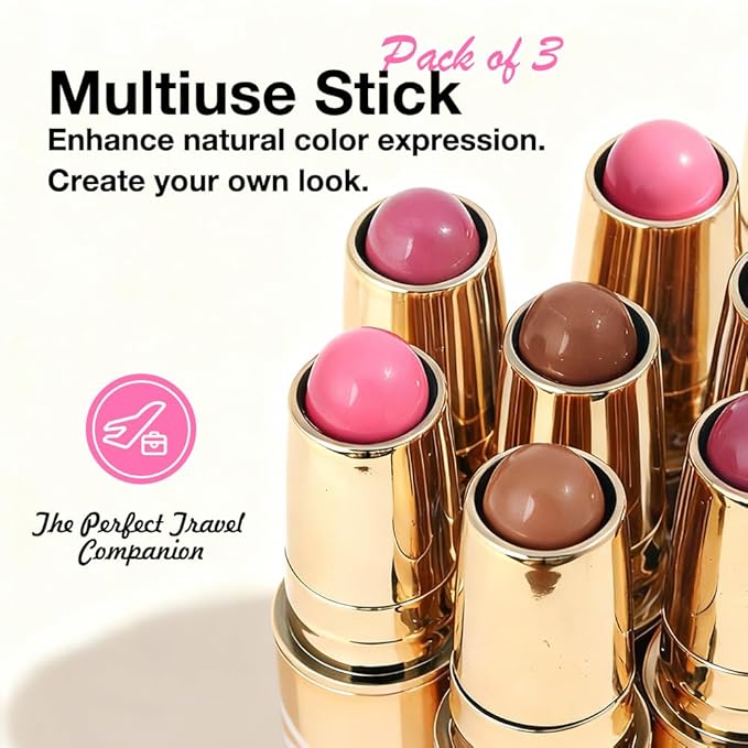evpct 3Pcs 2In1 Blush Contour Multiuse Makeup Sticks Set, Pink Rose Berry Tan & Nude Brown Creamy Butter Blush Bronzer Contour Multiuse Stick for Cheeks Lips Eyes Faces, Ultra-Creamy Radiant Finish