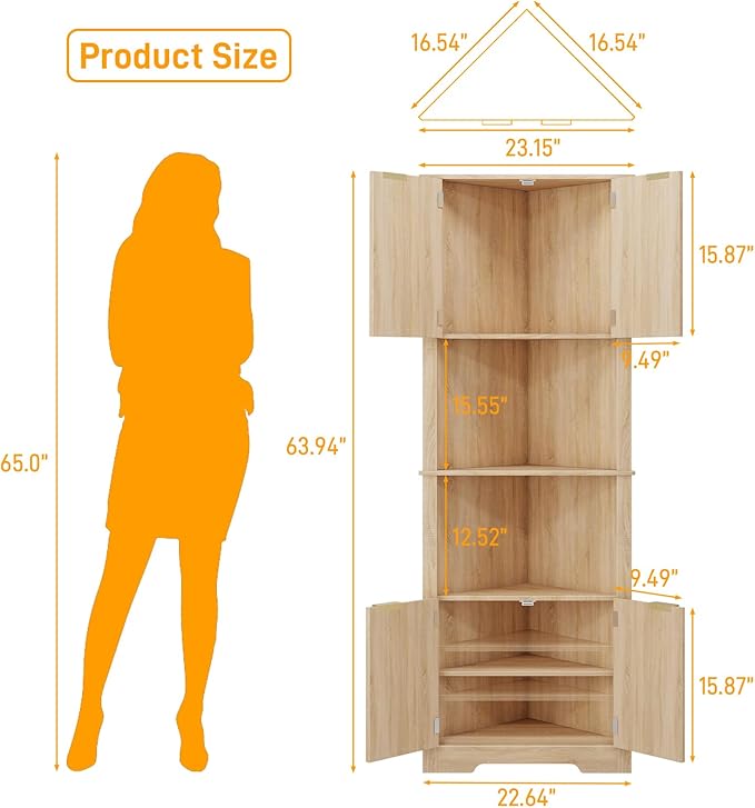 Vabches Corner Bathroom Cabinet, 64 Inch Tall Modern Fluted Corner Cabinet with Doors and Adjustable Shelf Bathroom Space Saver Storage Organizer for Laundry Room, Kitchen(Natural Oak)