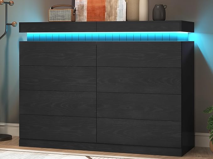 Tall Black 8 Dresser for Bedroom, Sliding Top Storage Space, Modern Wood Drawers with LED Light and Power Outlet, Large Chest of Drawer for Living Room, Hallway, Entryway (8 Drawers,Black)