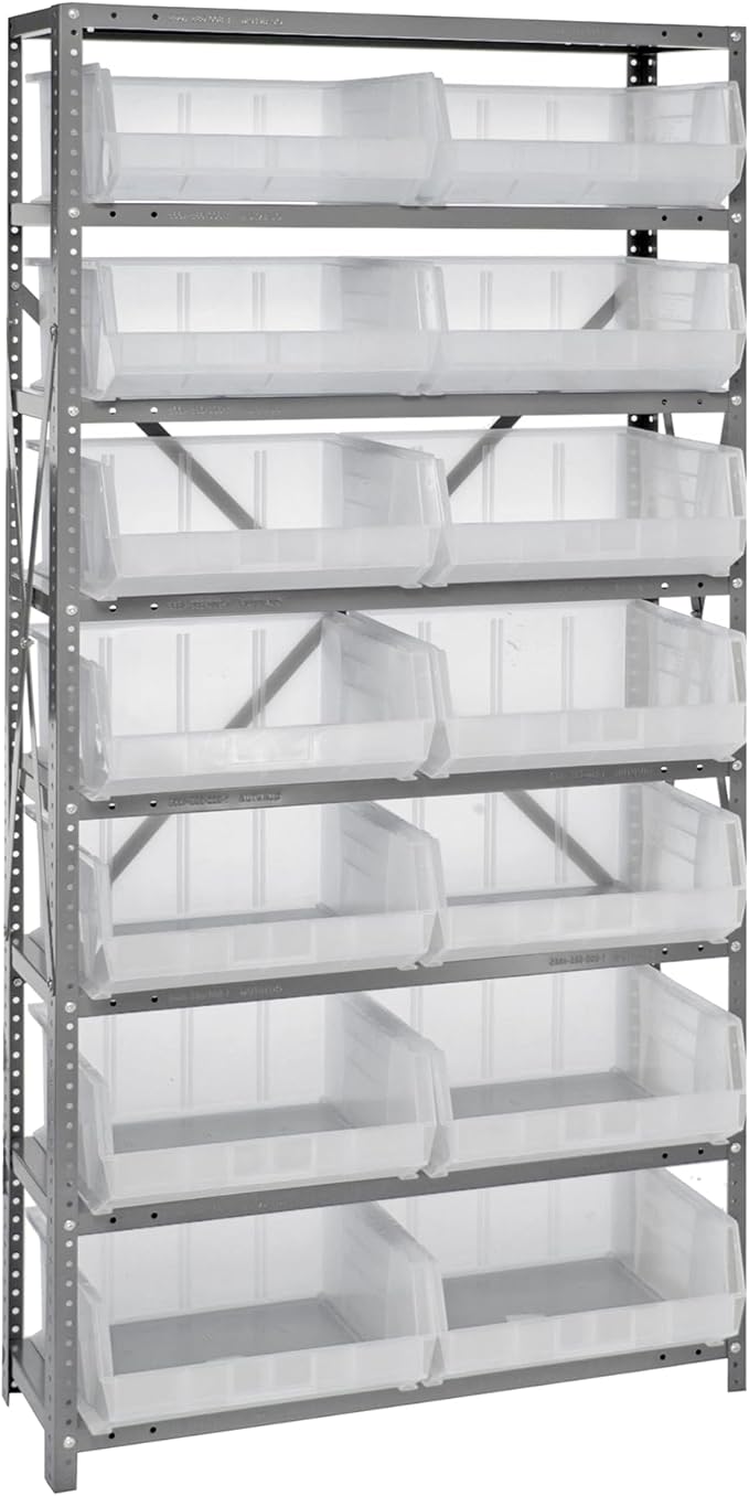 Quantum Storage Systems QSBU-250CL Giant Open Hopper Steel Shelving System, 12" D x 36" W x 75" H, with 8 Shelves and 14 QUS250 Bins, Clear