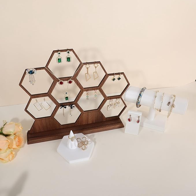 GemeShou hexagonal jewelry earring display stands for selling, wooden necklace jewelry organizer hanging, walnut earring hanger dangle holder for show, home decor【Jewelry shelf-Hexagon】
