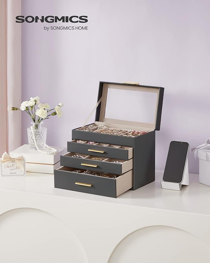 SONGMICS Jewelry Box Organizer with Glass Lid, 4-Layer Jewelry Storage, with 3 Drawers, Modern Style, Christmas Gift, 6 x 9.9 x 8.5 Inches, Gray and Gold Color UJBC161C01