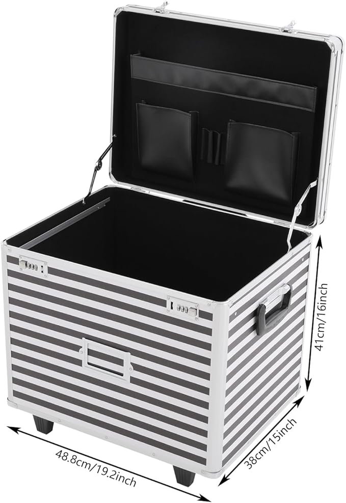 Rolling Cart for Teachers, Rolling File Cart with Hanging Folders, Portable File Box with Handle, Aluminum Alloy, Passcode Lock, Striped Pattern