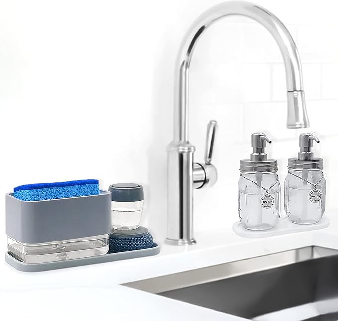 Silicone Organizer Tray, Soap and Sponge Holder for Kitchen Sink, Bathroom - Storage Tray for Dish Brush, Soap Dispenser, Dishwashing Accessories- 2 Pack (Clear)