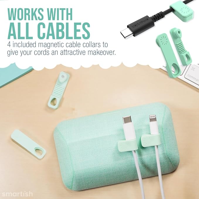 Smartish® Magnetic Cord Holder - Bigger Cable Wrangler Stocking Stuffer Organizer with Magnet Clips for Charger Management on Desktop, Nightstand - Holds 6+ Cables - Teal Me More