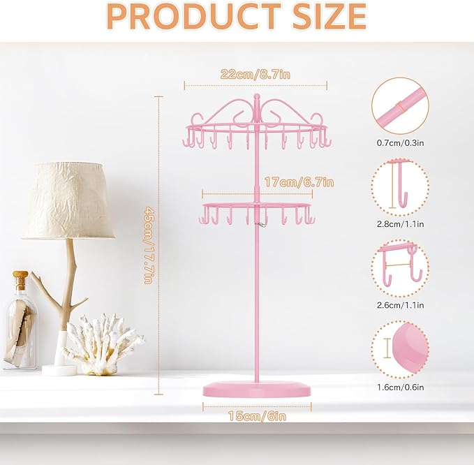 iDavosic.ly 2 Tier Rotating Necklace Holder Organizer with 42 Hooks, Adjustable Metal Bracelet Display Stand Rack, Extra Tall Keychain Spinning Tree Tower for Women, Pink