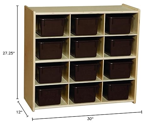 Contender 12 Compartment Storage Unit With Brown Bins For Kids, Montessori Hardwood Cubby Organizer For Organizing Toys, Art And Craft Supplies [Fully Assembled]
