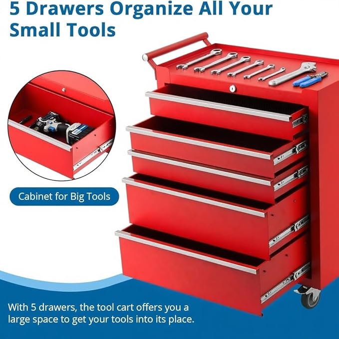 IDEALHOUSE Rolling Tool Chest, 5 Drawers Tool Storage Cabinet, Toolbox with Wheels, Portable Tool Cabinet Organizer with Locking System & Drawer Liners, Tool Storage Cart for Garage, Workshop, Red