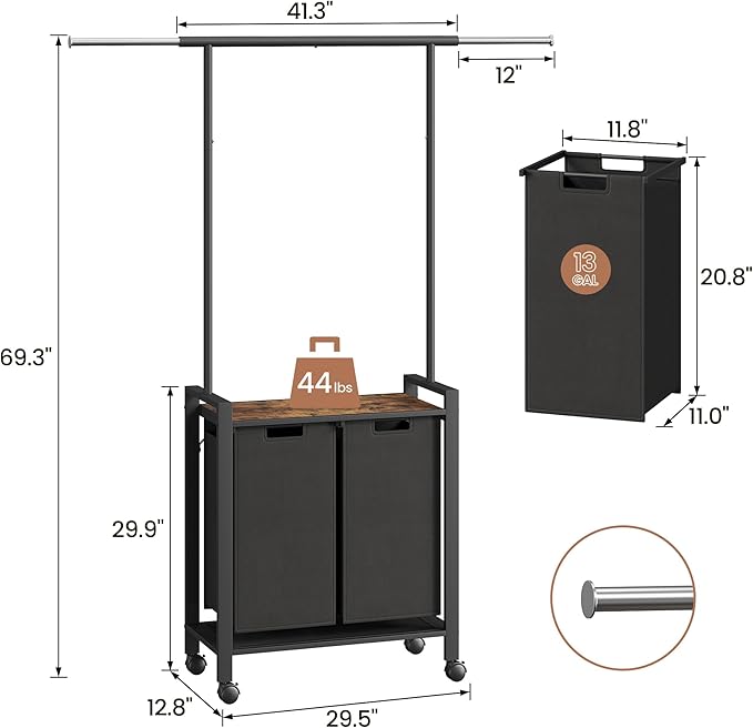 Laundry Sorter 2 Section Laundry Hamper Sorter with Clothes Hanging Rod and Wooden Storage Shelf 2 X 13gal Laundry Basket Organizer for Laundry Room Organization Storage Baskets, Black