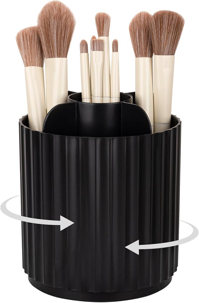 Anyoifax Makeup Brush Holder Organizer 360°Rotating Make Up Brushes Container for Vanity, Spinning Cosmetics Storage Cup, Stripe Black
