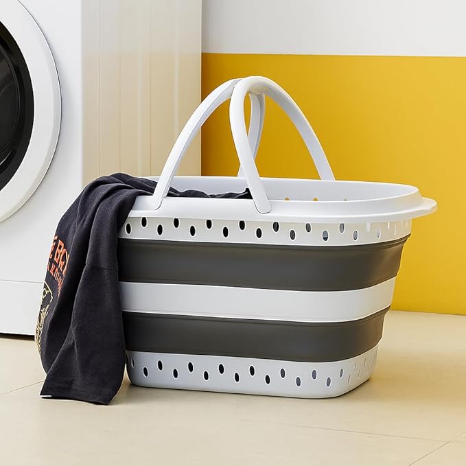 Collapsible Plastic Laundry Basket with Handles, 32L Foldable Large-Capacity Laundry Hamper, Pop Up Storage Organizer, Space Saving Hamper (32L / 8.45 Gallon, Grey)