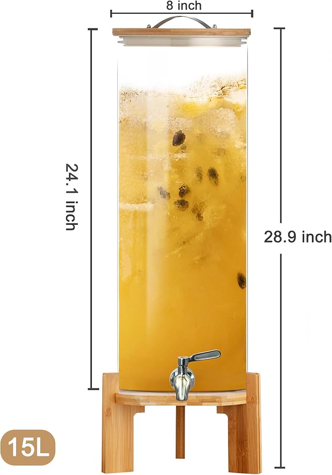 Beverage Dispenser, 4Gallon Glass Drink Dispenser with Stand, Stainless Steel Spigot, Ideal for Parties, Bars, Restaurants (15L/4 Gallon)