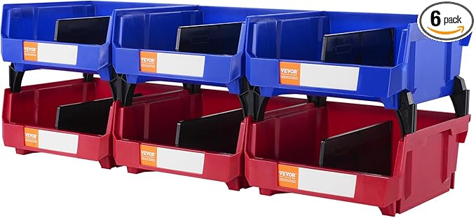 VEVOR Plastic Stackable Storage Bins 6 Pack (11 x 11 x 5-Inch), Hanging Storage Organizer Bins, Heavy Duty Stacking Containers for Closet, Garage, Office, Home, Pantry or Small Parts Organization