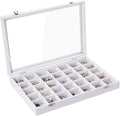 Frebeauty Velvet Jewelry Tray,35 Grid Jewelry Organizer with Clear Lid,Earring Holder Organizer Case with Clasp,Drawer Insert for Rings Studs,13.8 x 9.5 x 2 Inches,Gift for Women Girls(White)