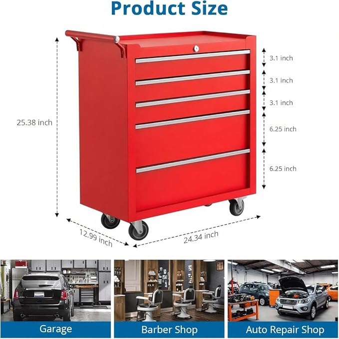IDEALHOUSE Rolling Tool Chest, 5 Drawers Tool Storage Cabinet, Toolbox with Wheels, Portable Tool Cabinet Organizer with Locking System & Drawer Liners, Tool Storage Cart for Garage, Workshop, Red