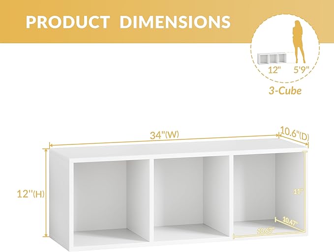 IOTXY DIY Modular Cube Bookcase - CubeXY Customizable Stackable Expandable Basic Shelving Units, 3-Cube Wooden Open Bookshelf for Fabric Storage Bin Organizer, White