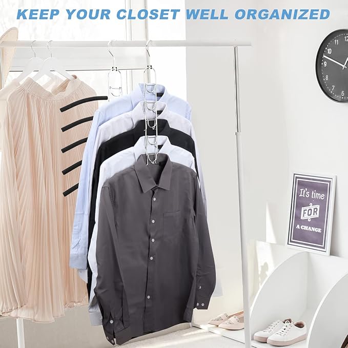 Space Saving Clothes Hangers, Multilayer Metal Hanger 4 Pack 5 in 1 Space Saver Coat Hangers, Anti-Slip Foam Padded Shirt Suit Hanger for Closet Storage Organizer