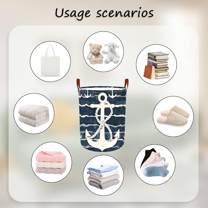 Laundry Baskets 15.7x19.7 Inch Large Nautical Anchor Design Collapsible Laundry Hamper with Handles Oxford Fabric Clothes Storage Bin Foldable Dirty Clothes Organizer for Bedroom Bathroom Dorm