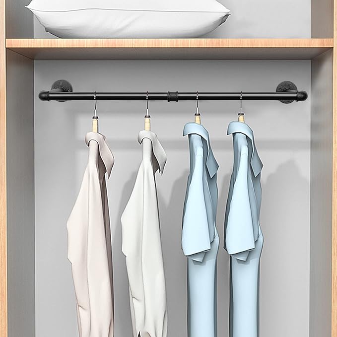 Industrial Iron Pipe Clothes Hanging Bar DIY Wall-Mounted Garment Rack Heavy Duty Clothing Rack for Bedroom, Laundry Room, Closet Storage (Black 28 inch)