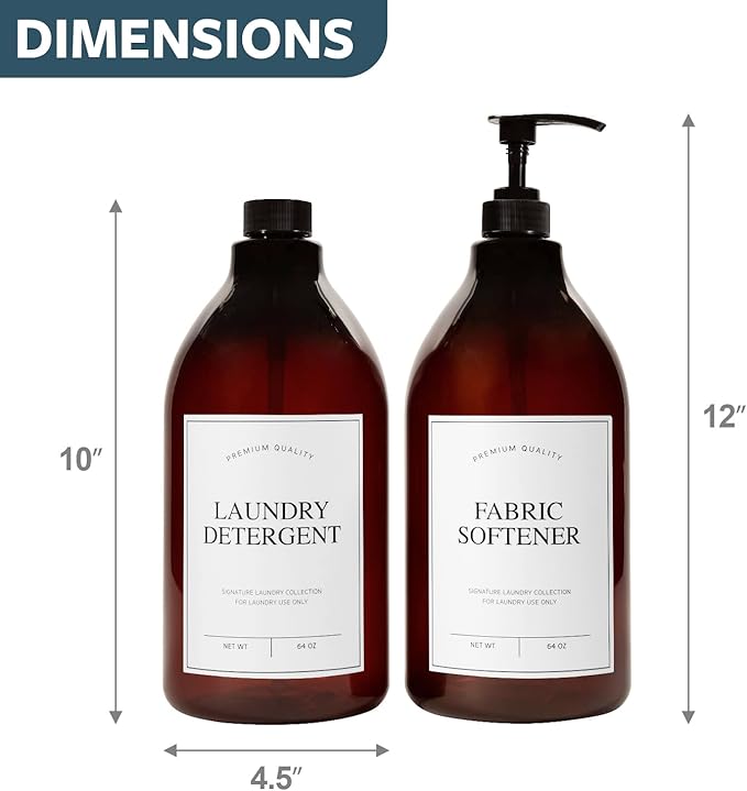 Calindiana Modern Farmhouse Liquid Laundry Detergent and Fabric Softener Dispenser for Laundry Room Decor and Organization, PET Plastic Landry Soap Containers with Water Resistant Labels, Amber 64oz