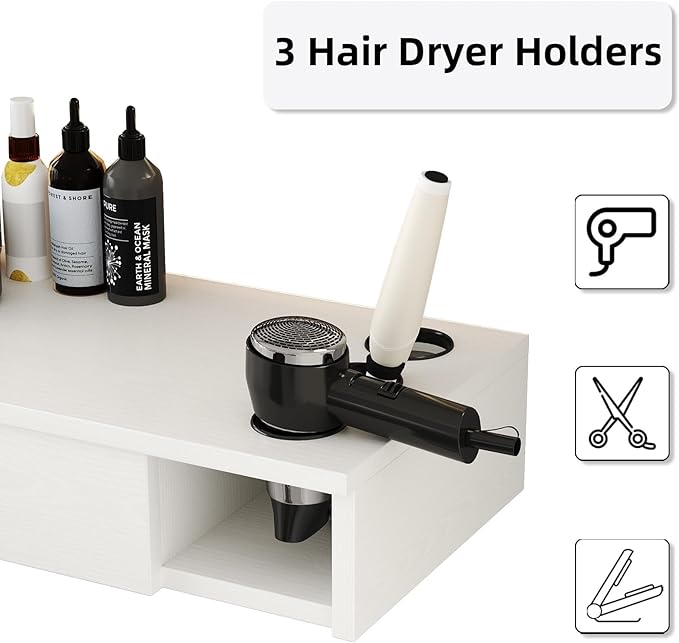 4ever2buy Salon Stations for Hair Stylist, Wall Mount Barber Station with Barber Cabinet, Hair Station Equipment Hair Dryer Holder, Drawers, Mirror not Included, White