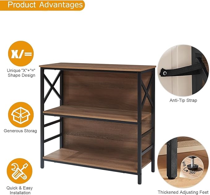 Small Bookshelf,3 Tier Industrial Bookcase with Metal Frame and Backboard,Low Rustic Brown Book Shelf,Book case for Small Spaces,Living Room,Bedroom and Home Office