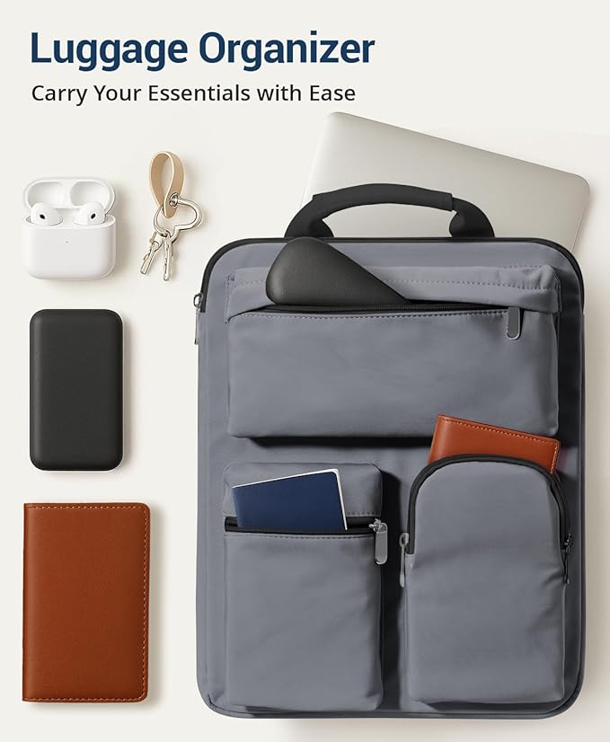 Over Luggage Organizer Bag for Suitcase with Multi Pockets, 16” Laptop Bag with Handle, Portable Travel Organizer Bags for Luggage with Adjustable Straps, Tote Carry Bag for Men Women(Grey)