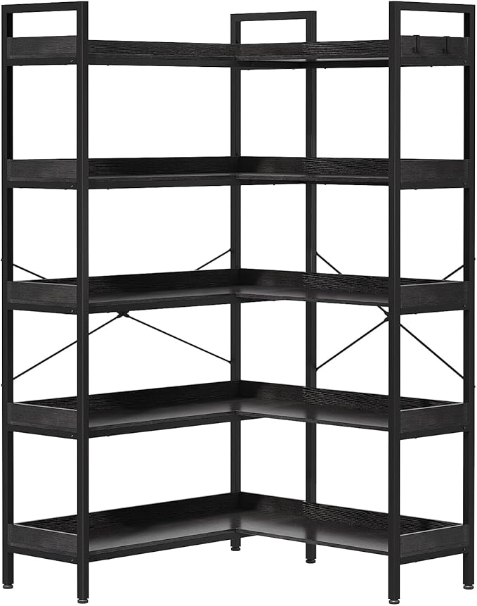 KOUSEI 5-Tier Corner Bookshelf, Reversible L-Shaped Bookcase with 4 Hooks, 65" Industrial Wood & Metal Storage Shelf for Living Room, Home Office & Bedroom, Black