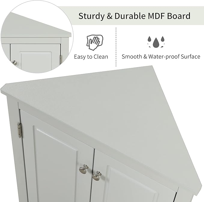 GDFStudio 31.5" H Triangle Corner Bathroom Storage Cabinet with Adjustable Shelves,Freestanding Floor Cabinet for Small Spaces,Water-Resistant Cabinet Modern Organizer for Home,Kitchen,Hallway, Grey