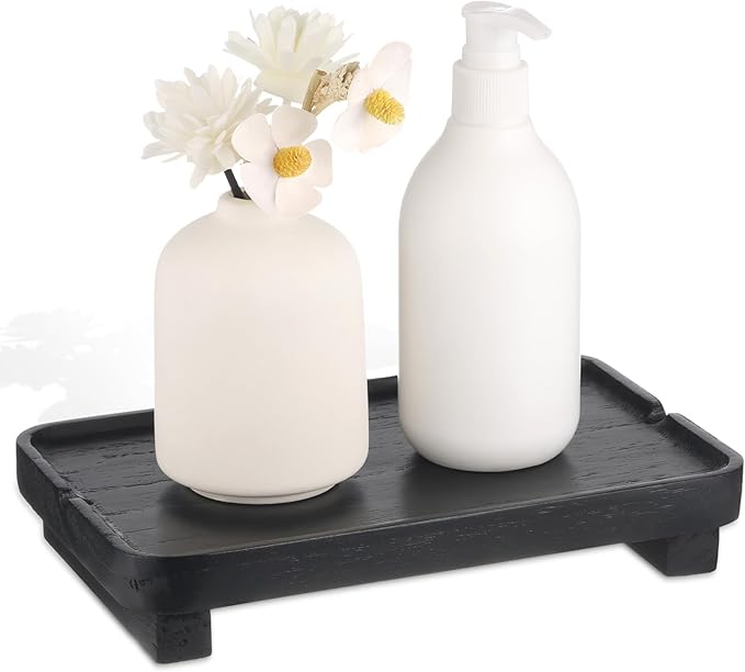 Wood Riser Small Decorative Tray Sink Soap Dish, Vanity Tray Pedestal Stand 9 x 5.9 inches (Black)