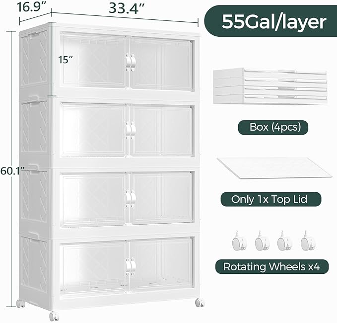 880QT Extra Large Stackable Storage Bins with Lid, 220Gal Collapsible Closet Organizer Box with Wheels, Folding Plastic Storage Cabinet with Doors for Home Kitchen Office Dorm, 4Pack White