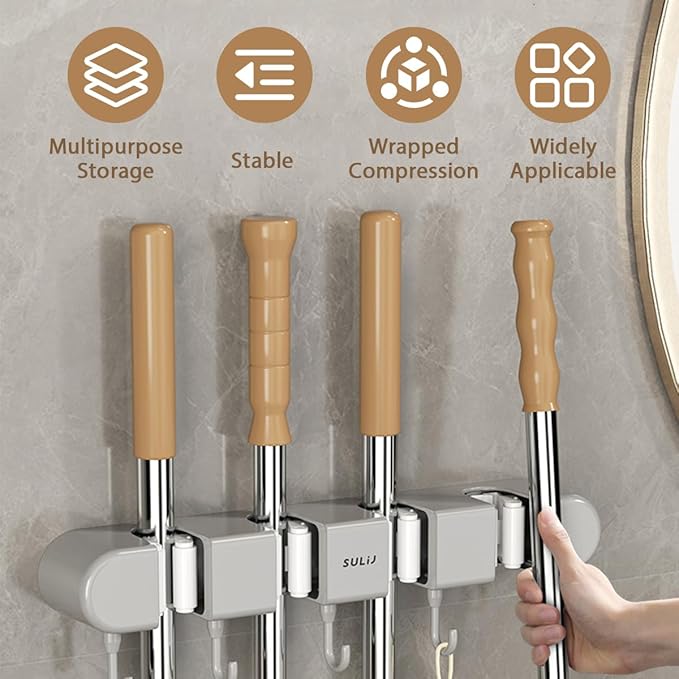 3PCS Broom Holder Wall Mount, No-Drilling Self-Adhesive Mop and Broom Storage Rack (4 Racks with 5 Hooks),Wall-Mounted Broom Hanger for Bathroom, Kitchen, Closet, Garage, Grey